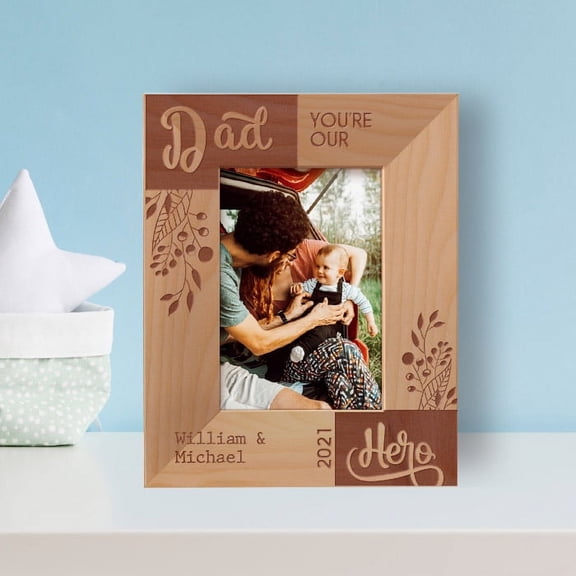 Dad You're Our Hero Personalized Wooden Frame 3 1/2" x 5" Brown (Vertical)