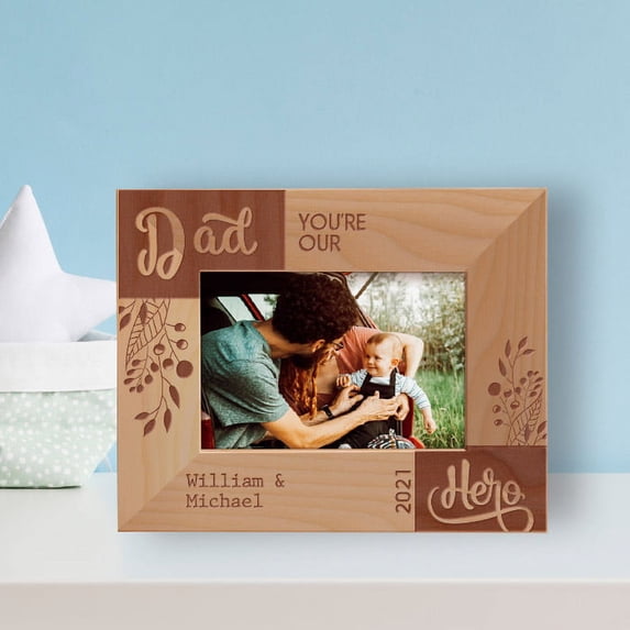 Dad You're Our Hero Personalized Wooden Frame-5" x 3 1/2" Brown Horizontal