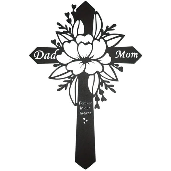 Dad and Mom Memorial Grave Markers Cross Flower Grave Plaque Stake Cemetery Decorations for Yard