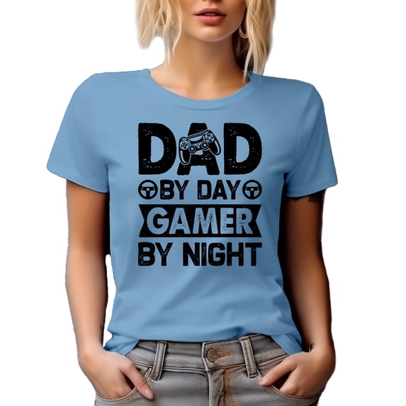 Dad by Day, Gamer by Night, Father's Day or Birthday, Baby Blue T-Shirt, Medium