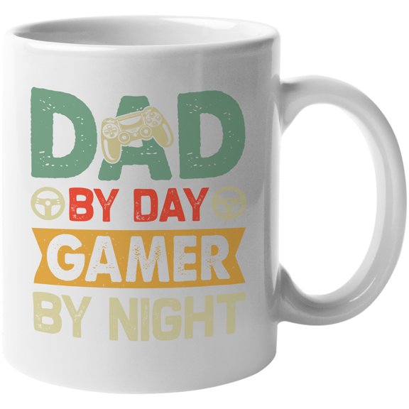 Dad by Day, Gamer by Night with Game Controller, Father's Day, White 11oz Ceramic Mug