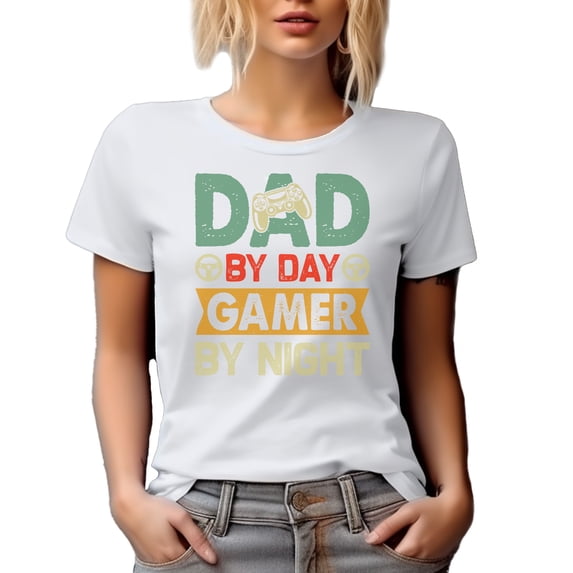 Dad by Day, Gamer by Night with Game Controller, Father's Day, White T-Shirt, 3XL