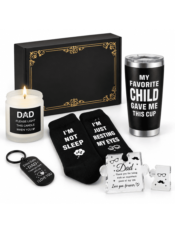 Dad gift insulated tumbler scented candle socks keychain puzzle gift basket set