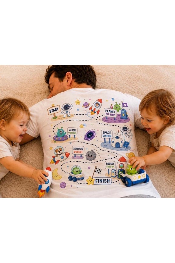 Dad's Adventure Map Space Playmat Screen-Free Interactive Floor Game Fatherhood T-Shirt