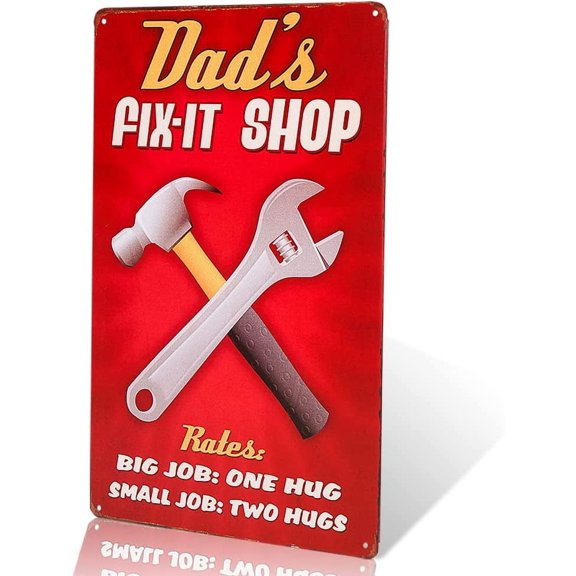 Dad's Fix-It Shop Sign, Funny Dad Repair Shop Metal Tin Sign for Birthday, 12 inch by 8 inch