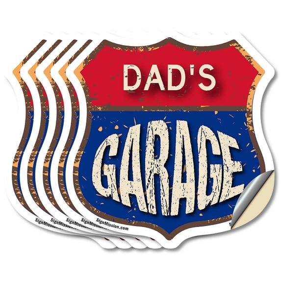 Dad's Garage (5 Pack) 4 inch X 4 inch Shield Shaped Heavy Duty 3.2 mil Vinyl Decals Weather Resistant, UV Protected To last, Gift for Dads and Uncles Classic Americana Crafted in the