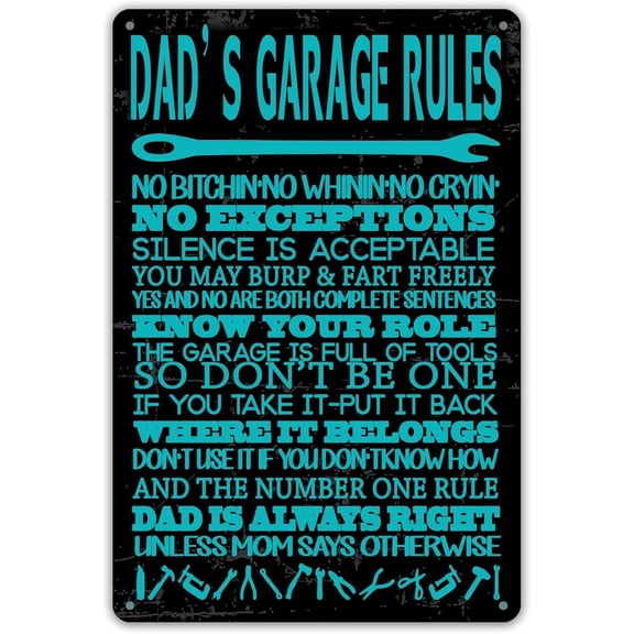 Dad's Garage Rules Metal Funny Wall Decor For Home Garage Vintage Retro Men Cave Decor Garage Quote Gifts For Dad Father Gift For Women Men Tin Sign 8x12 Inch