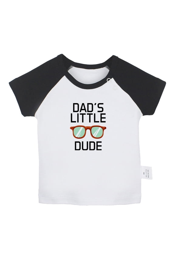Dad's Little Dude Funny T shirt For Baby, Newborn Babies T-shirts, Infant Tops, 0-24M Kids Graphic Tees Clothing (Short Black Raglan T-shirt, 0-6 Months)
