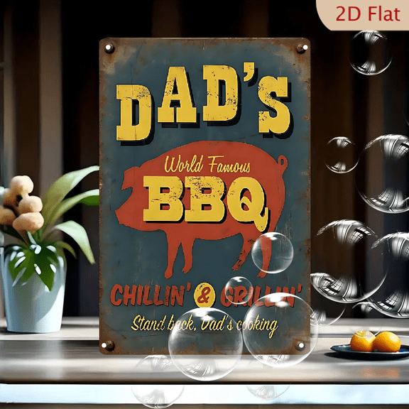 Dad's World Famous BBQ Metal Sign 8x12 Inches, Vintage Rustic Pig Wall Art with "Chillin' & Grillin'" Text for Kitchen, Garage, or Man Cave Decor