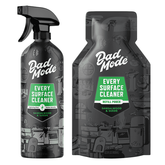 DadMode Everyday Surface Cleaner, Cleans Home, Kitchen, Cars, Plant-Based Formula, Sandalwood & Suede Scent, Eco-Friendly, Zero Plastic Waste, 16oz Bottle + 13.5oz Refill