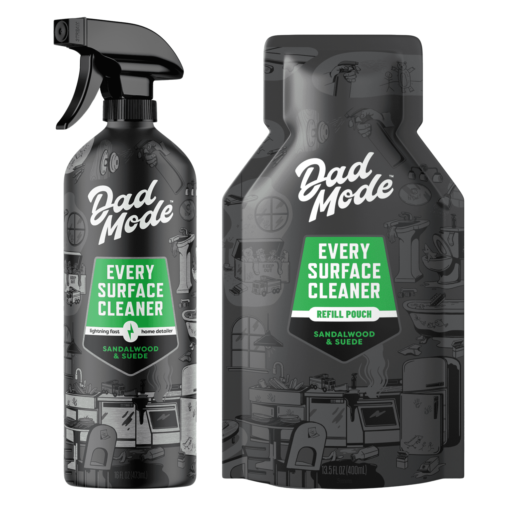 DadMode Everyday Surface Cleaner, Cleans Home, Kitchen, Cars, Plant-Based Formula, Sandalwood & Suede Scent, Eco-Friendly, Zero Plastic Waste, 16oz Bottle + 13.5oz Refill