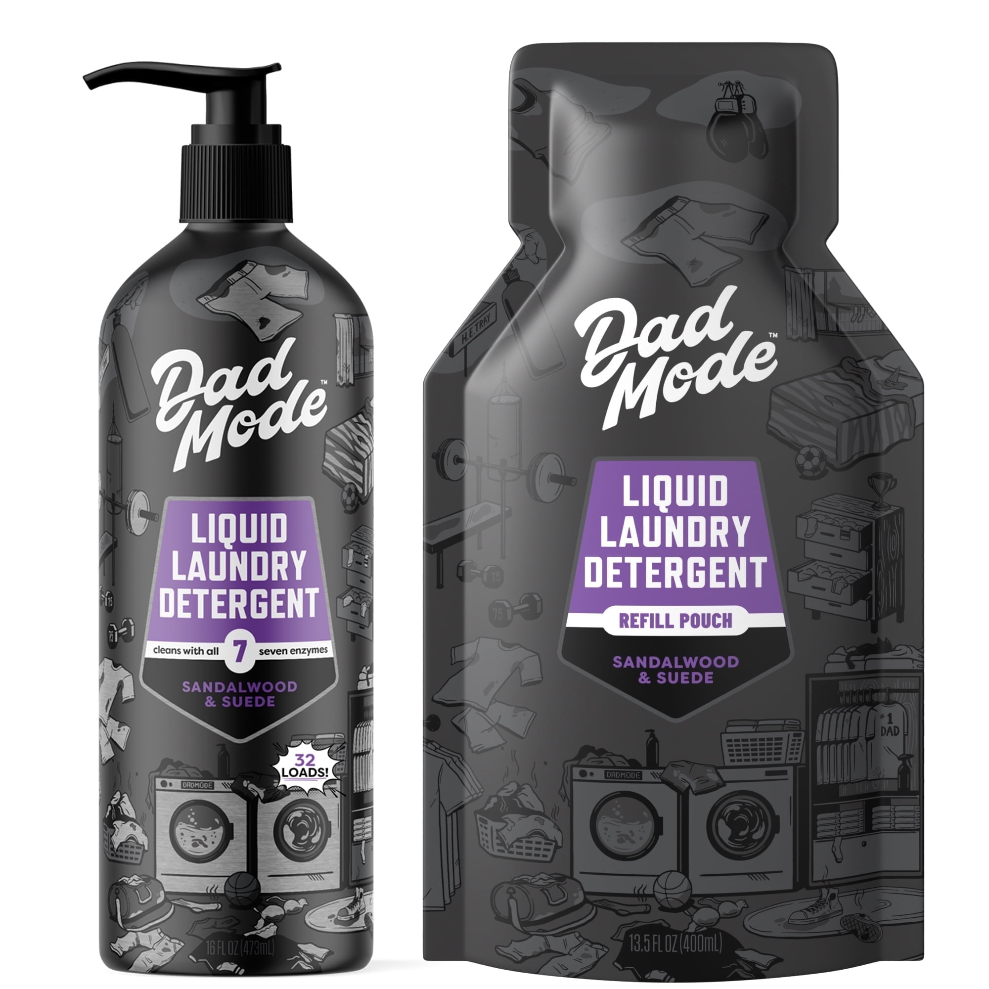 DadMode Liquid Laundry Detergent, 118 Loads, 7-Enzyme Detergent, Sandalwood & Suede Scent, Eco-Friendly, Zero Plastic Waste, 16oz Bottle + 13.5oz Refill