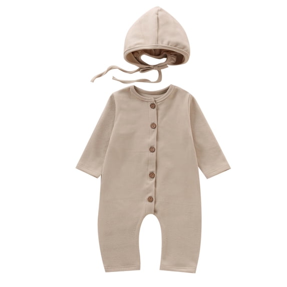 Dadaria Baby Girls Bodysuits 0-12M Newborn Infant Baby Boys Girls Solid Single Breasted Romper Jumpsuit+Hat Outfits Beige 80,Boys Girls