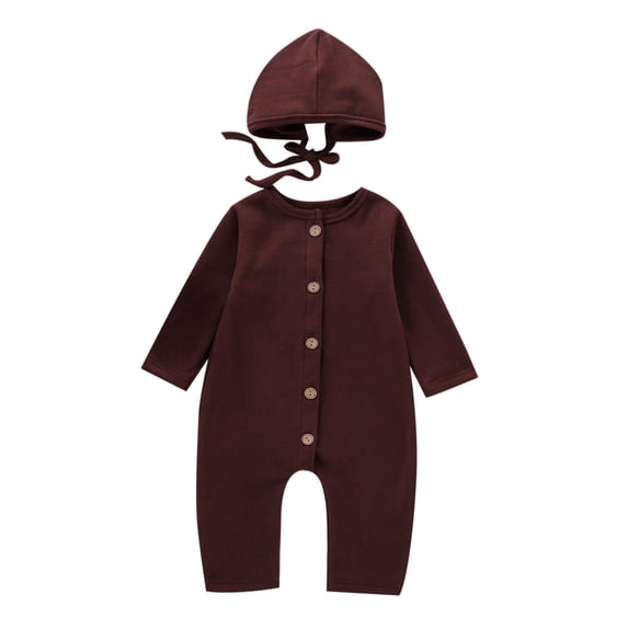 Dadaria Baby Girls Bodysuits 0-12M Newborn Infant Baby Boys Girls Solid Single Breasted Romper Jumpsuit+Hat Outfits Brown 90,Boys Girls