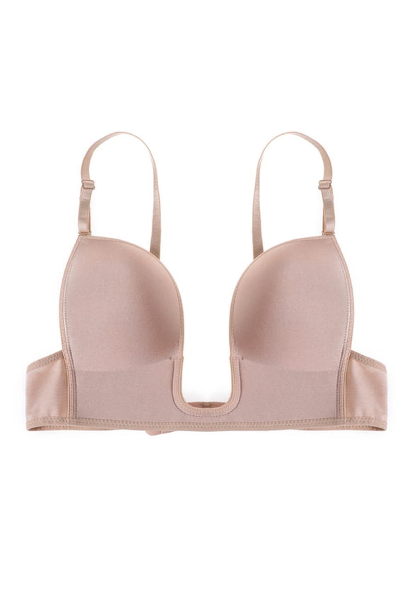 Bras for Women No Underwire Womens Low Back Bra Lifting Deep U Shaped Backless Bra With Convertible Clear Straps Beige L,Women