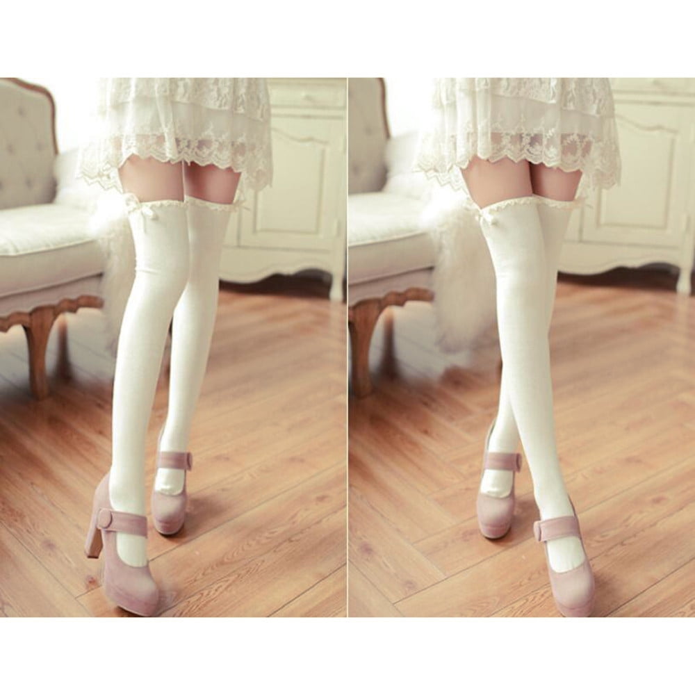 Compression Socks for Women Plus Size Wavy Lace Ribbon Bow Stockings Knee High Socks Cotton Bottoming Socks Women White,Women