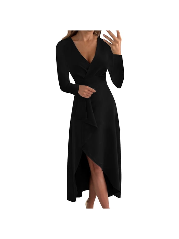 Fall Dresses for Women 2022 Trendy Fashion Women Casual Buttocks V-Neck Solid Slimming Long Leeve Dress Black XS,Women