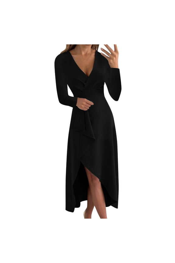 Fall Dresses for Women 2022 Trendy Fashion Women Casual Buttocks V-Neck Solid Slimming Long Leeve Dress Black XS,Women