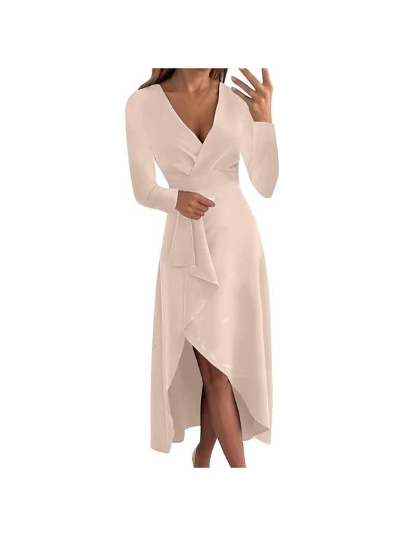 Fall Dresses for Women 2022 Trendy Fashion Women Casual Buttocks V-Neck Solid Slimming Long Leeve Dress Khaki XS,Women