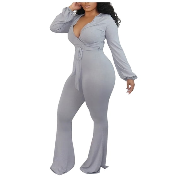 Dadaria Jumpsuits for Women Casual Women's Fashion High Waist Solid Color Long Sleeve V-Neck Flared Jumpsuit Gray L,Women