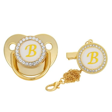 Dadaria Newborn Pacifiers Baby Pacifier 26 Letter Name Initials Clip Silicone Baby Pacifier Golden Shiny Newborn Pacifier Gold B,Boys Girls