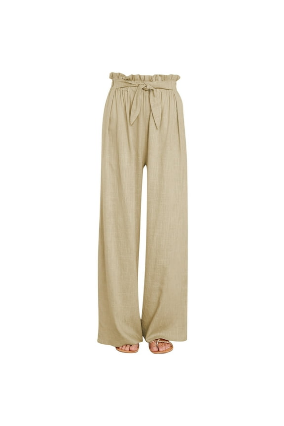 Pants for Women Trendy Women Casual Solid Cotton Linen Drawstring Elastic Waist Long Wide Leg Pants Khaki XS,Women