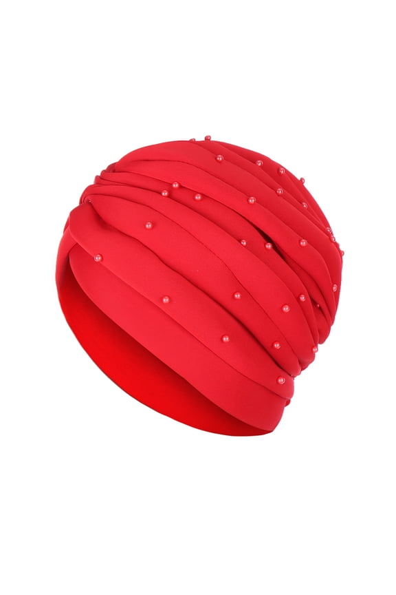Turbans for Women Fashion Solid Beading Hat Ruffle Beanie Turban Wrap Cap Red,Women