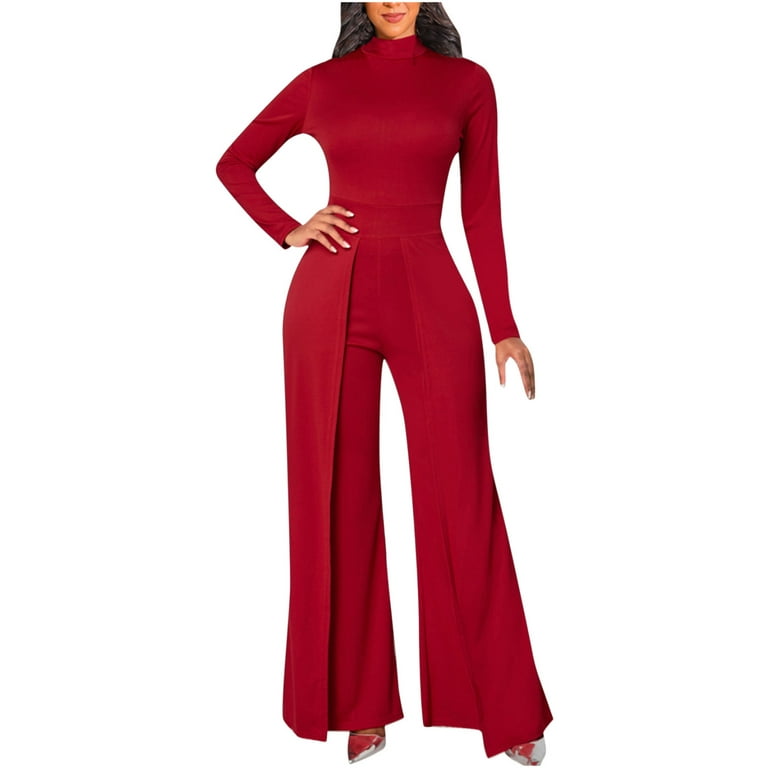 Dadaria Wide Leg Jumpsuits for Women Formal Women's Fashion Casual Solid  Long Sleeve Fashion White Collar Jumpsuit Red XS,Women 