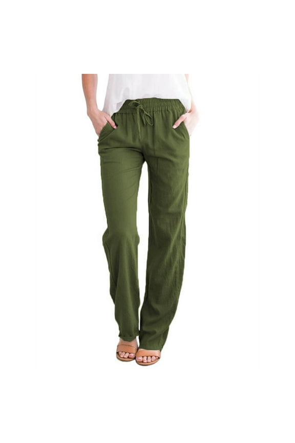 Wide Leg Linen Pants for Women Petite Length Loose Cotton Linen with Pocket Solid Trousers Pants Army Green L,Female