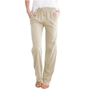 Dadaria Wide Leg Pants for Women Fashion Women Summer Casual Loose Cotton And Linen Pocket Solid Trousers Pants Beige L,Women