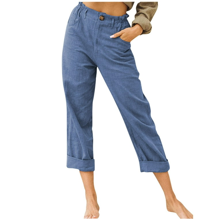 Dadaria Wide Leg Linen Pants for Women Petite Length Solid Color with  Pockets Buttons Elastic Waist Comfortable Straight Pants Blue M,Female