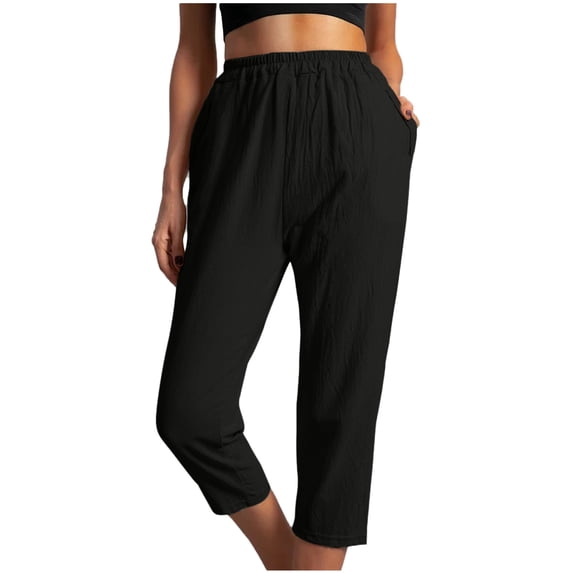 Dadaria Wide Leg Linen Pants for Women Petite Solid Color with Pockets Elastic Waist Comfortable Straight Calf Length Pants Black S,Female