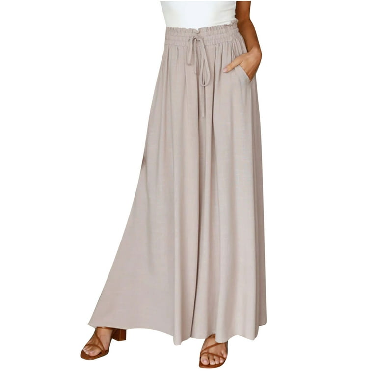 Dadaria Wide Leg Pants for Women Petite Length Solid Button with Pocket  Elastic Waist Long Pants Beige S,Female
