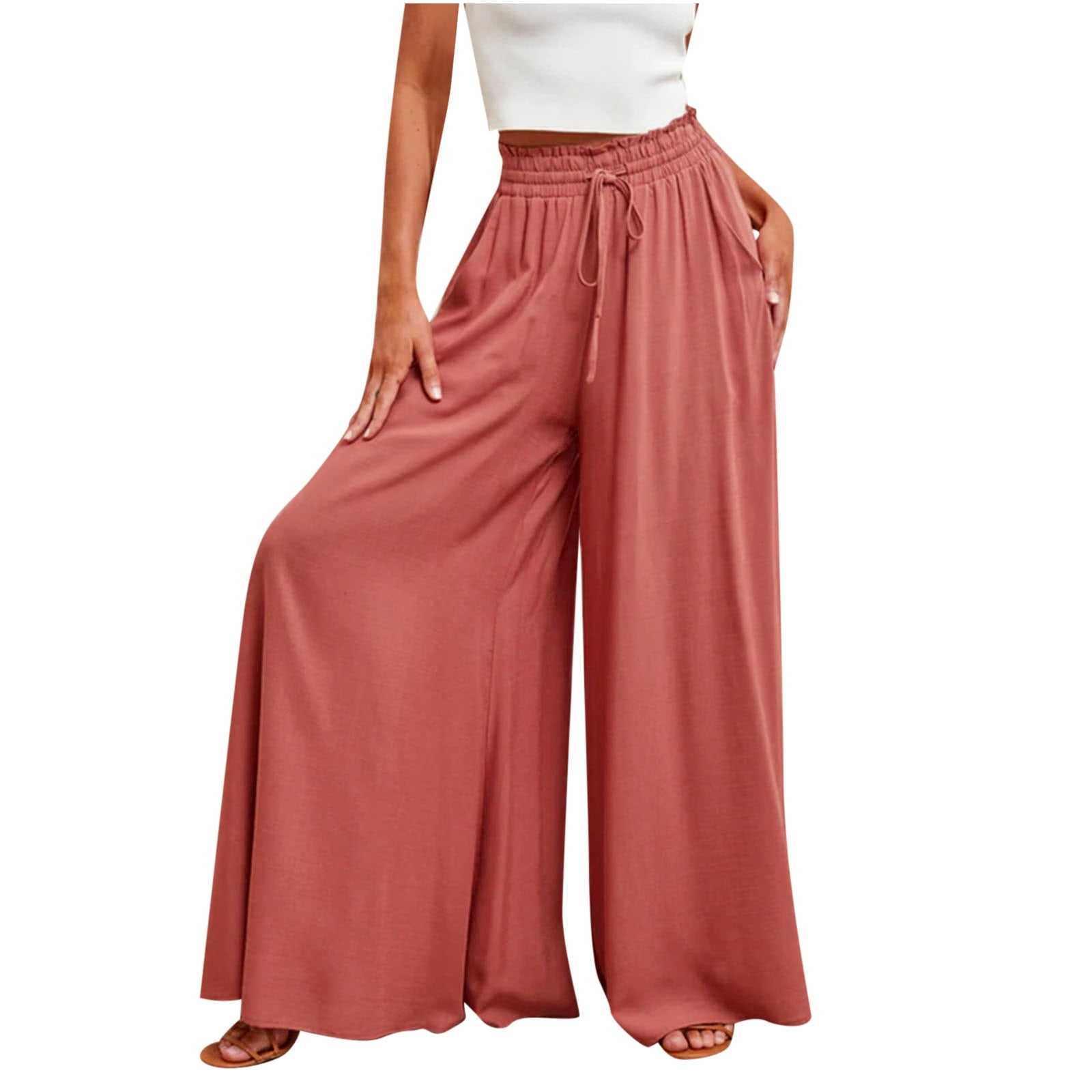 Dadaria Wide Leg Pants for Women Petite Length Solid Button with Pocket  Elastic Waist Long Pants Red S,Female