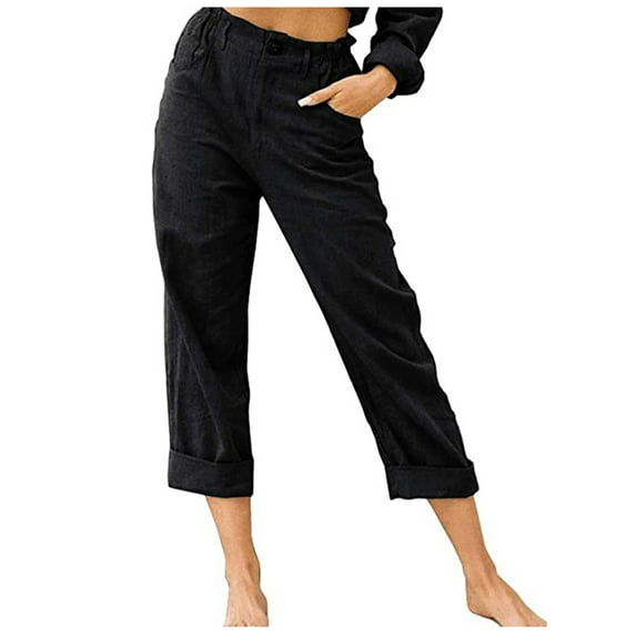 Dadaria Wide Leg Pants for Women Summer Capri Solid Color Pokets Botton Elastic Drawstring Trousers Pants Black XXL,Female