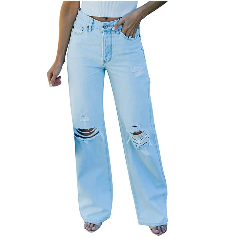 Dadaria Womens Jeans Ladies High Waist Temperament Washed Hole Pocket Wide  Leg Casual Jeans Trousers Light blue XL,Women