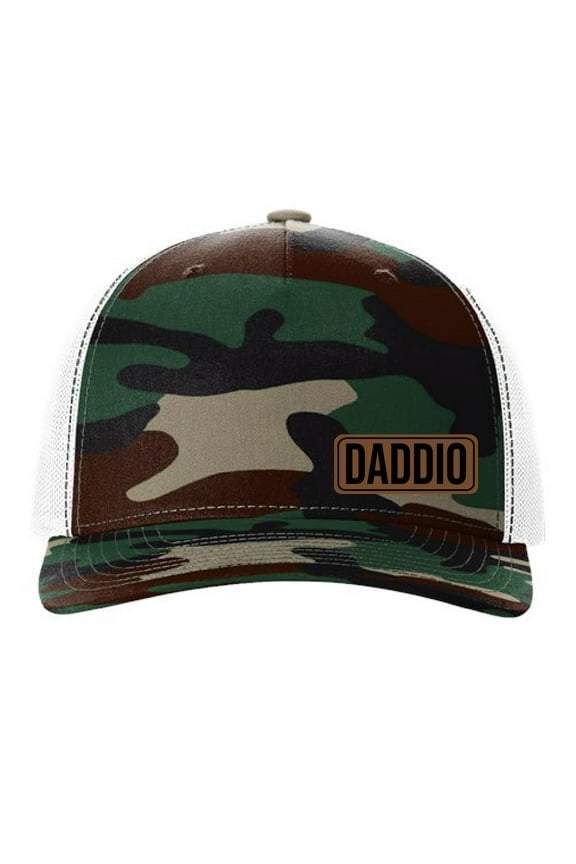Daddio Vegan Leather Patch Cap - Richardson 112, Dad Hat, Dad Gift, Daddy Hat, Richardson Hat, Leather Richardson Hat 112 (Green Camo/White)