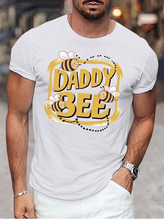 “Daddy Bee” Whimsical Illustration Print Short Sleeve Crew Neck T-Shirt, Breathable Casual Summer Top for Men