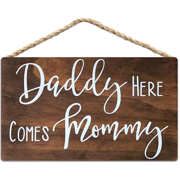 Daddy Here Comes Mommy Wedding Rustic Wooden Hanging Sign 12 x 8 Inch - Wedding Ceremony Decor, Directional Sign for Bridal Procession