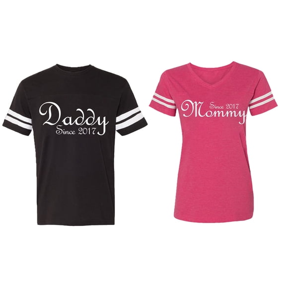 Daddy Mommy Since 2017 Matching Couple Cotton Jerseys (Men Black / Women Pink) (Men L / Women S)