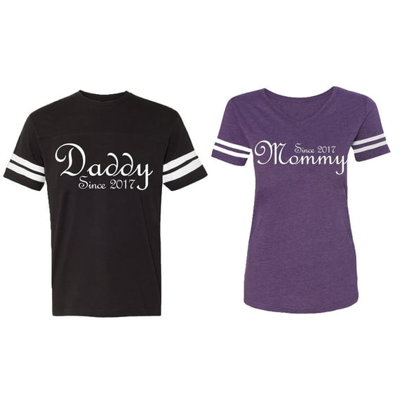 Daddy Mommy Since 2017 Matching Couple Cotton Jerseys (Men Black / Women Purple) (Men XL / Women S)