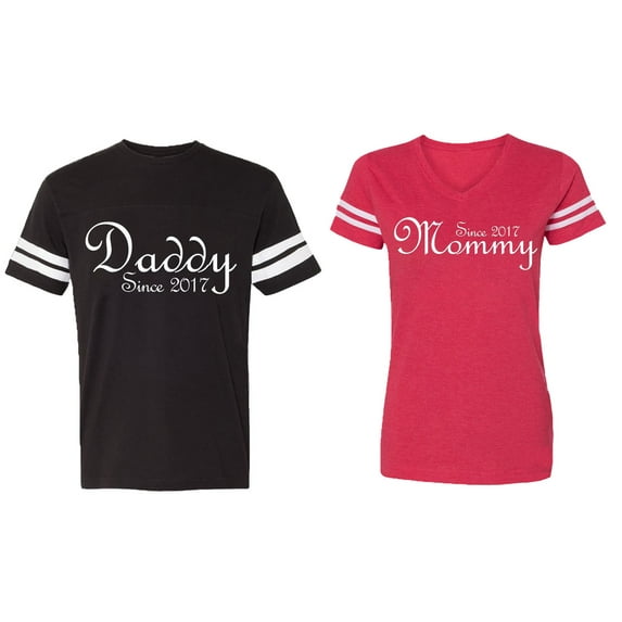 Daddy Mommy Since 2017 Matching Couple Cotton Jerseys (Men Black / Women Red) (Men XXL / Women M)