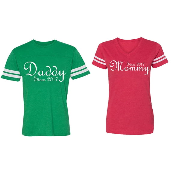 Daddy Mommy Since 2017 Matching Couple Cotton Jerseys (Men Green / Women Red) (Men XXL / Women XXL)