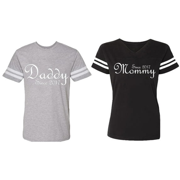 Daddy Mommy Since 2017 Matching Couple Cotton Jerseys (Men Heather / Women Black) (Men S / Women S)