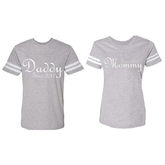 Daddy Mommy Since 2017 Matching Couple Cotton Jerseys (Men Heather / Women Heather) (Men L / Women L)