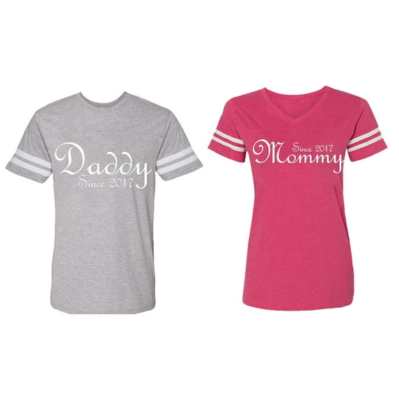 Daddy Mommy Since 2017 Matching Couple Cotton Jerseys (Men Heather / Women Pink) (Men XL / Women XL)
