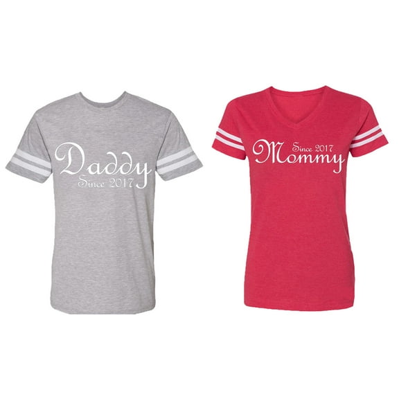Daddy Mommy Since 2017 Matching Couple Cotton Jerseys (Men Heather / Women Red) (Men L / Women S)