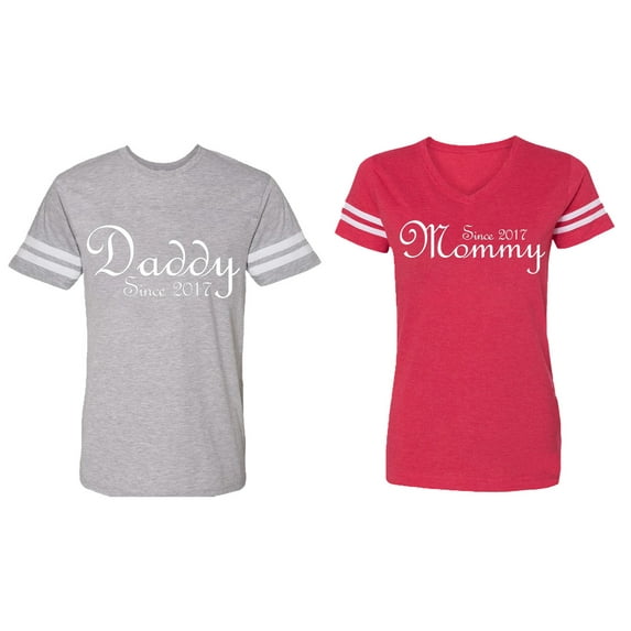 Daddy Mommy Since 2017 Matching Couple Cotton Jerseys (Men Heather / Women Red) (Men XXL / Women L)