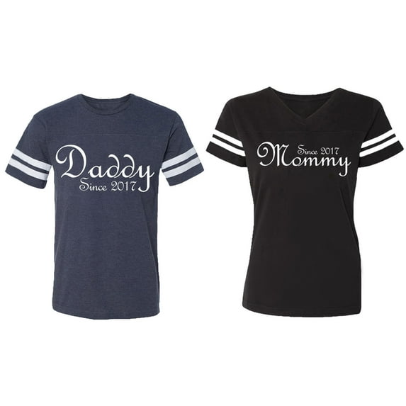 Daddy Mommy Since 2017 Matching Couple Cotton Jerseys (Men Navy / Women Black) (Men S / Women S)