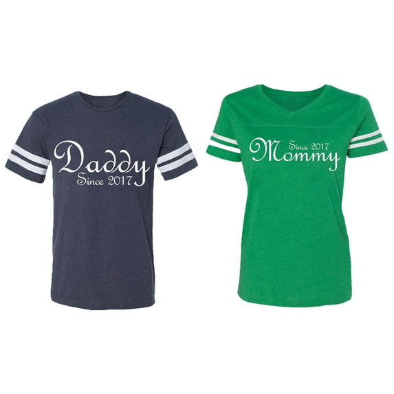 Daddy Mommy Since 2017 Matching Couple Cotton Jerseys (Men Navy / Women Green) (Men L / Women M)